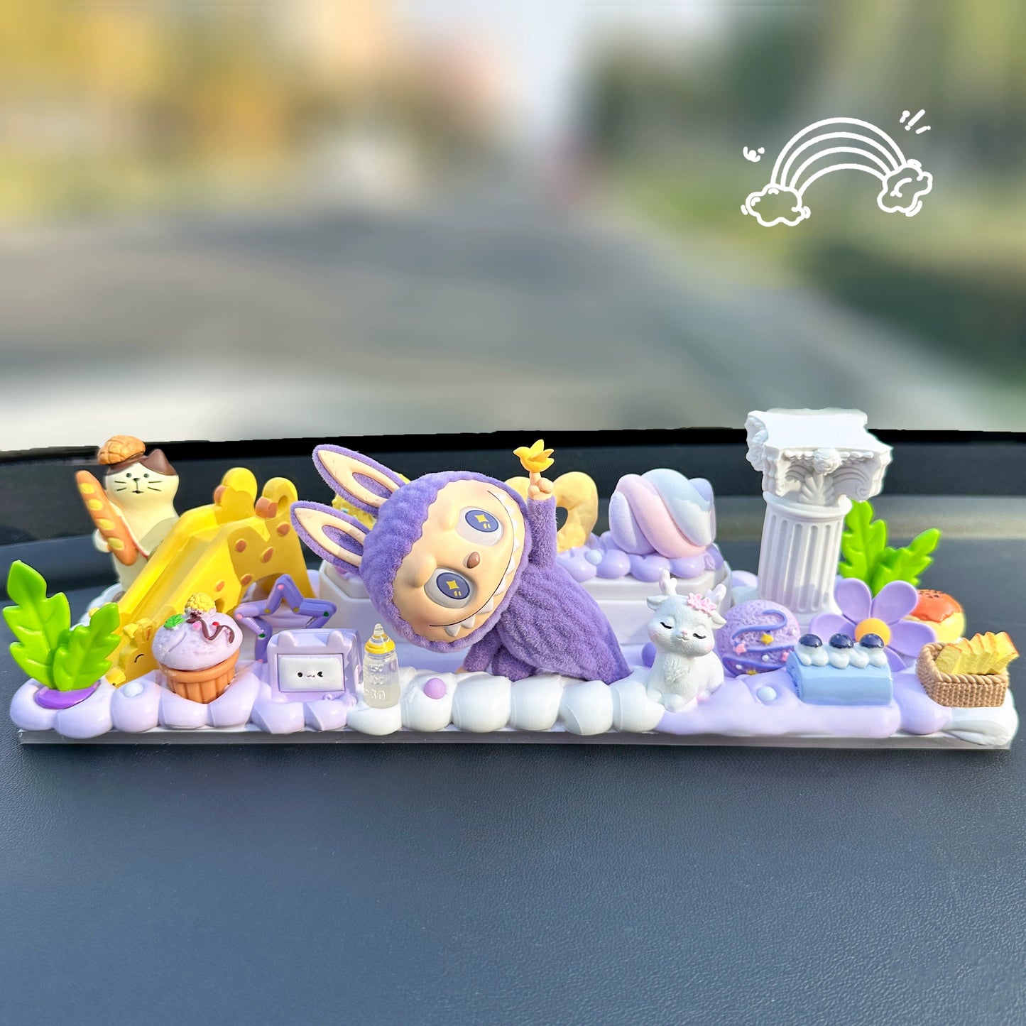Lavubu™ Bunny Island Dashboard Ornament – cute car console decoration set with tropical plants, frog, and handmade bunny figure