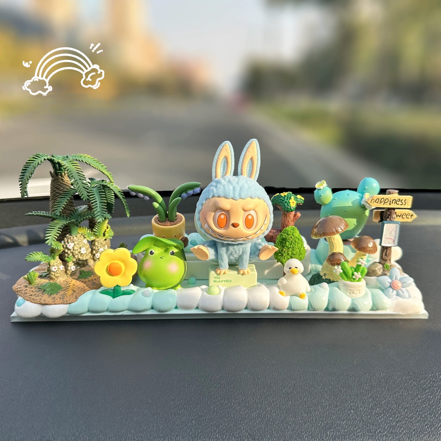 Lavubu™ Bunny Island Dashboard Ornament – cute car console decoration set with tropical plants, frog, and handmade bunny figure