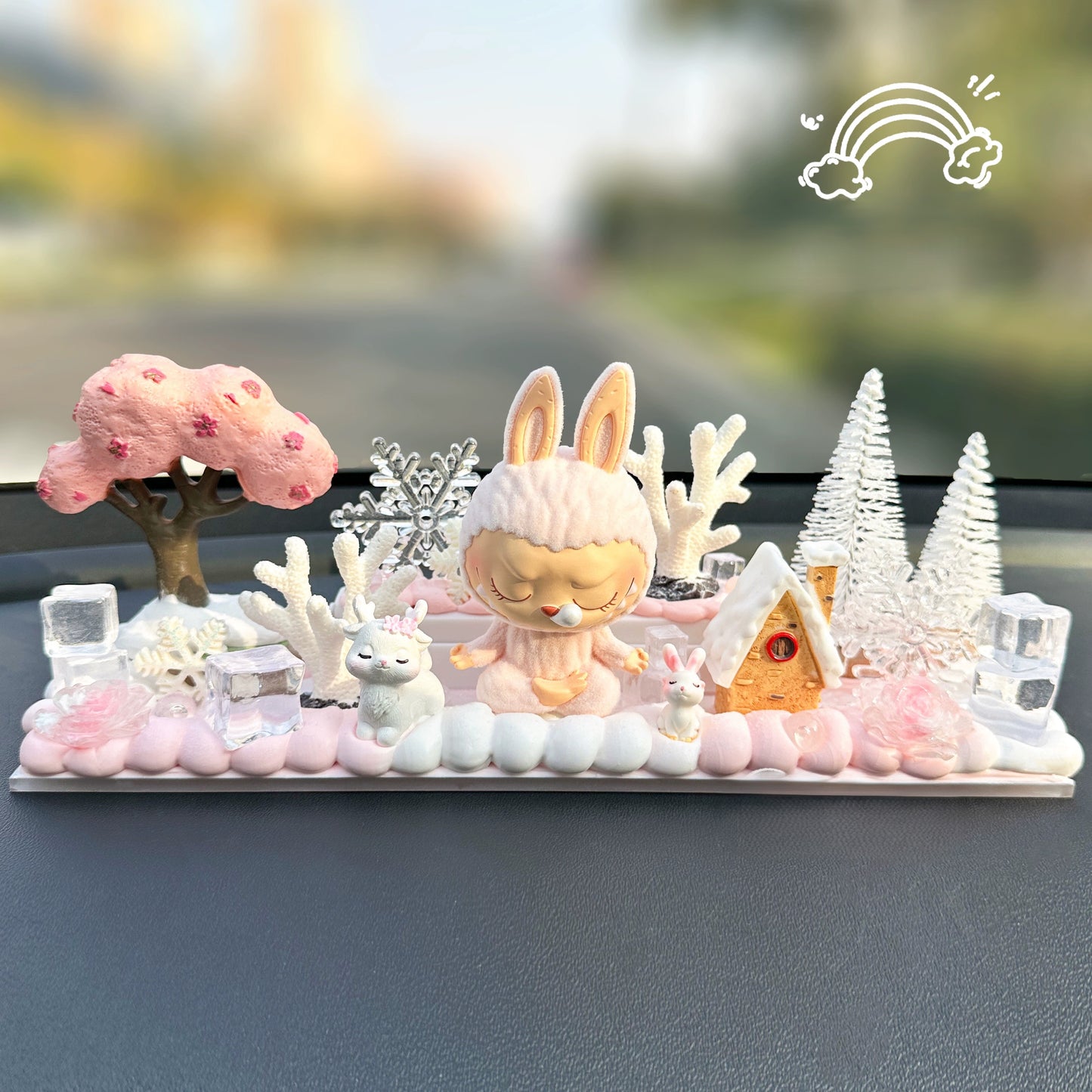 Lavubu™ Bunny Island Dashboard Ornament – cute car console decoration set with tropical plants, frog, and handmade bunny figure