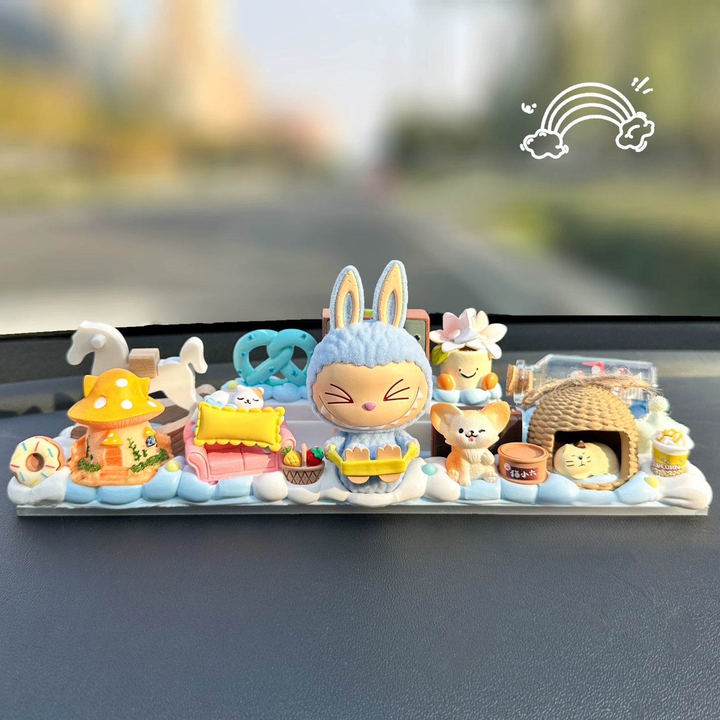 Lavubu™ Bunny Island Dashboard Ornament – cute car console decoration set with tropical plants, frog, and handmade bunny figure