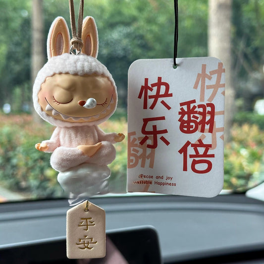 labubu inspired bunny rear view mirror charm with peace tag and happy smile