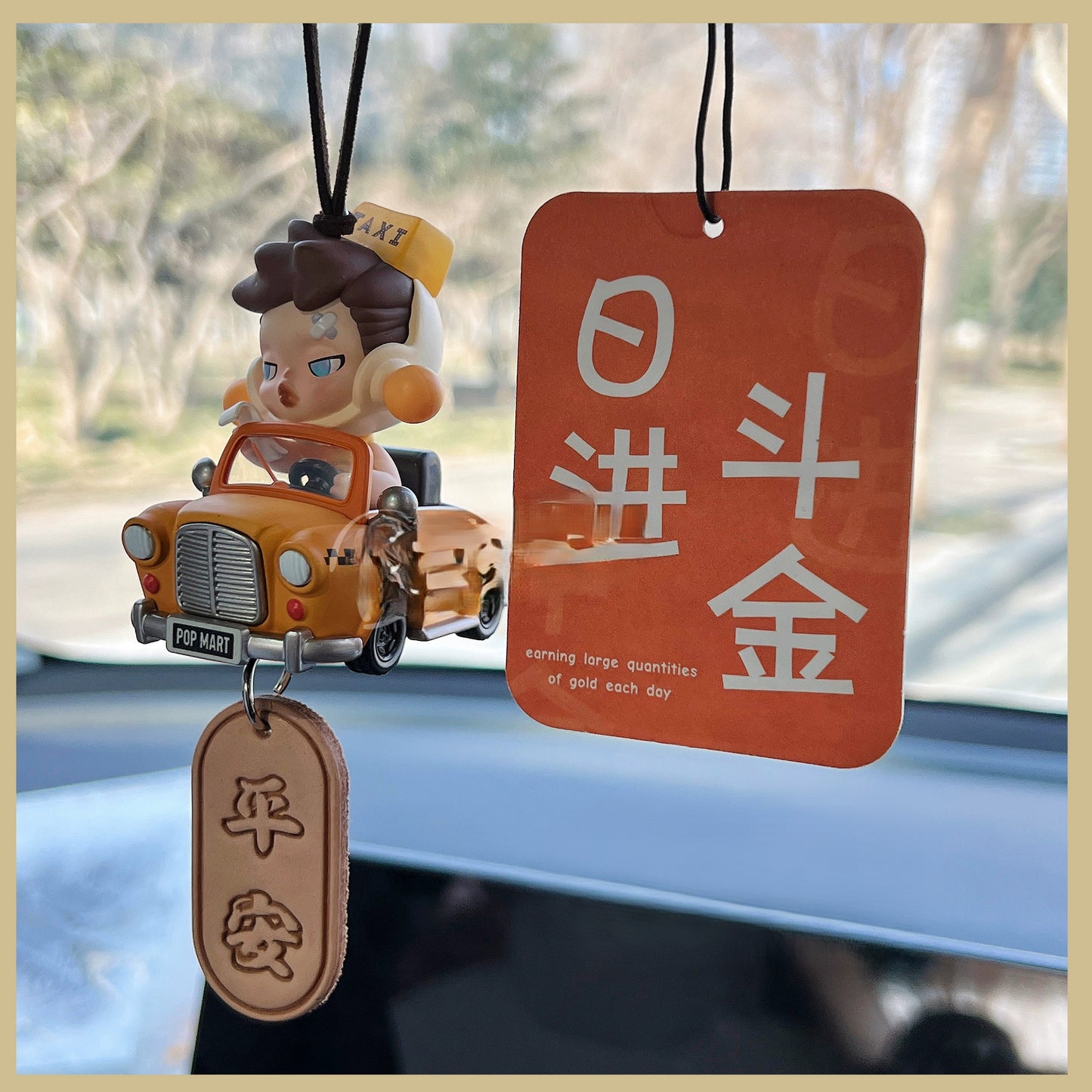 DriveHustle Morning Rush limited edition taxi driver dashboard figurine with motivational tag hanging in car interior
