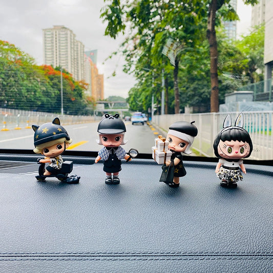 Detective Tail Doll Dashboard Figures – 4PCS Mini Car Ornaments in Fashion Outfits