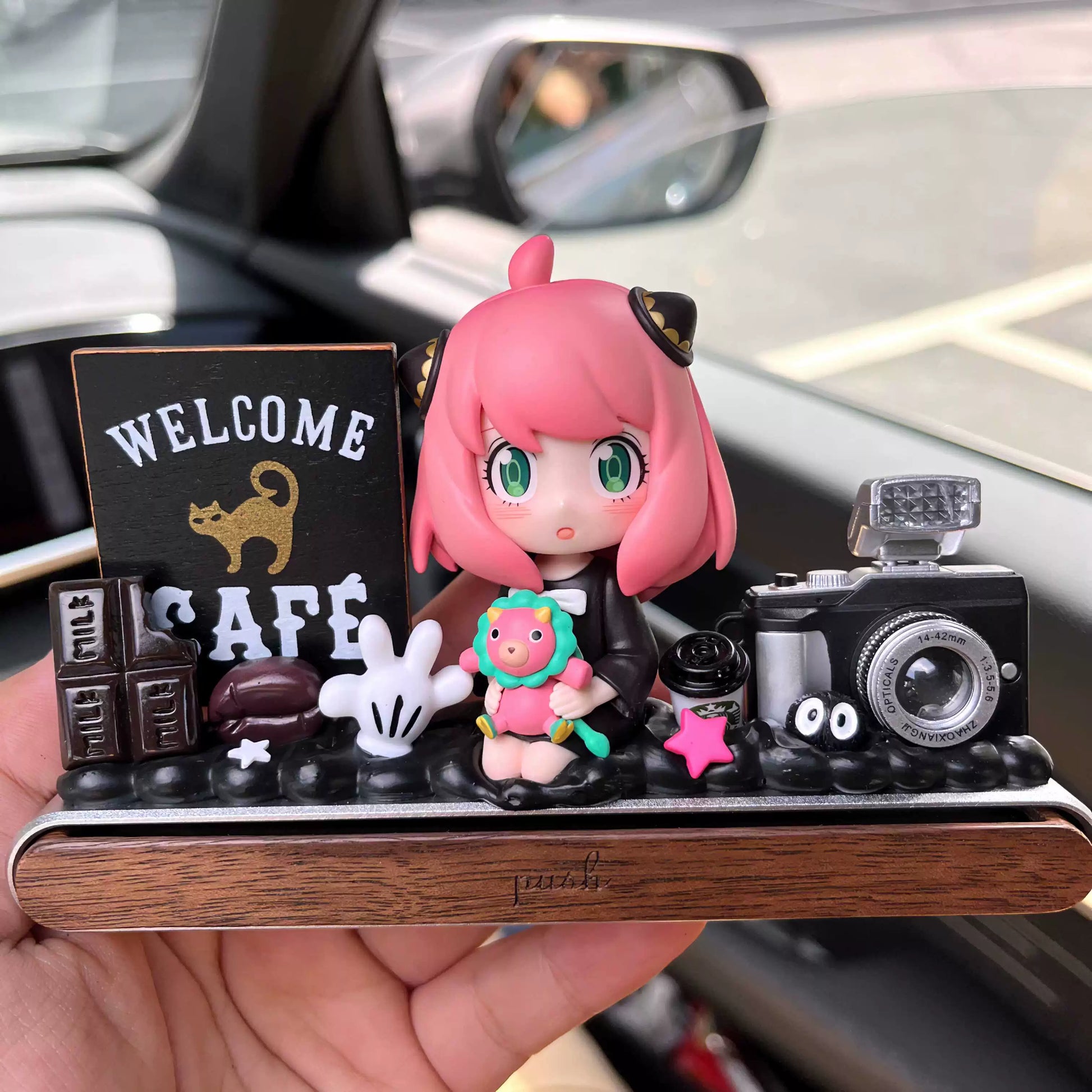 anya inspired anime dashboard doll with pink hair plushie and hidden parking plate