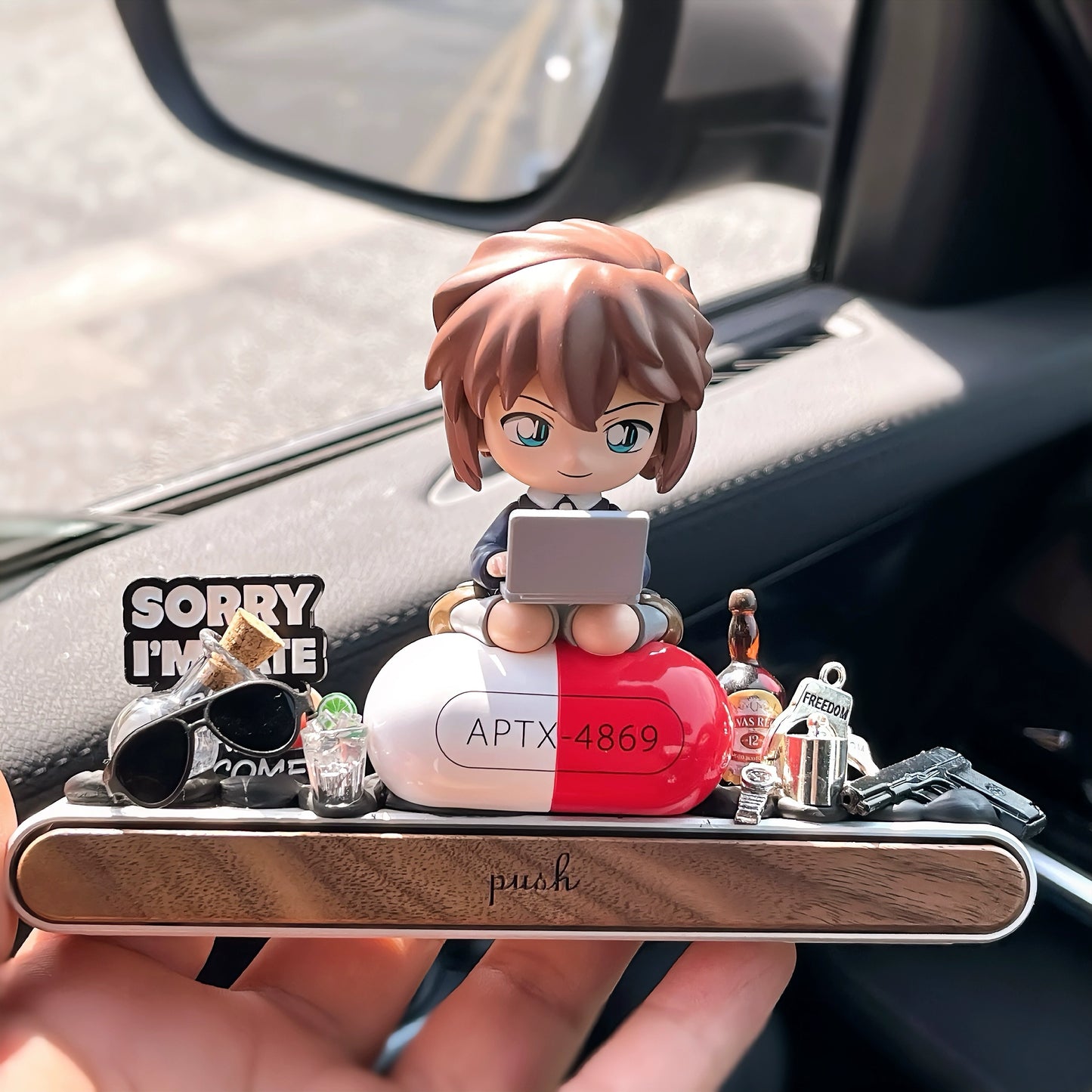 Anime detective dashboard ornament with hidden magnetic parking plate and gift box – Blue, Grey, and White outfits