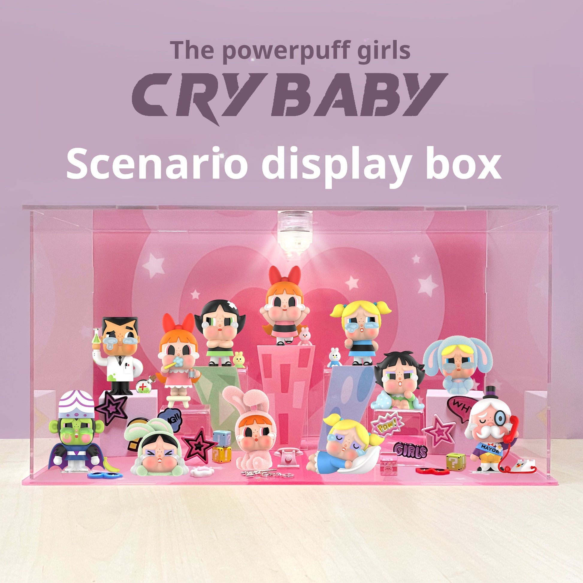 Bubble Mart Crying Baby CRYBABY× Powerpuff Girls Series Figure Blind Box Scene Display Box Storage Cabinet
